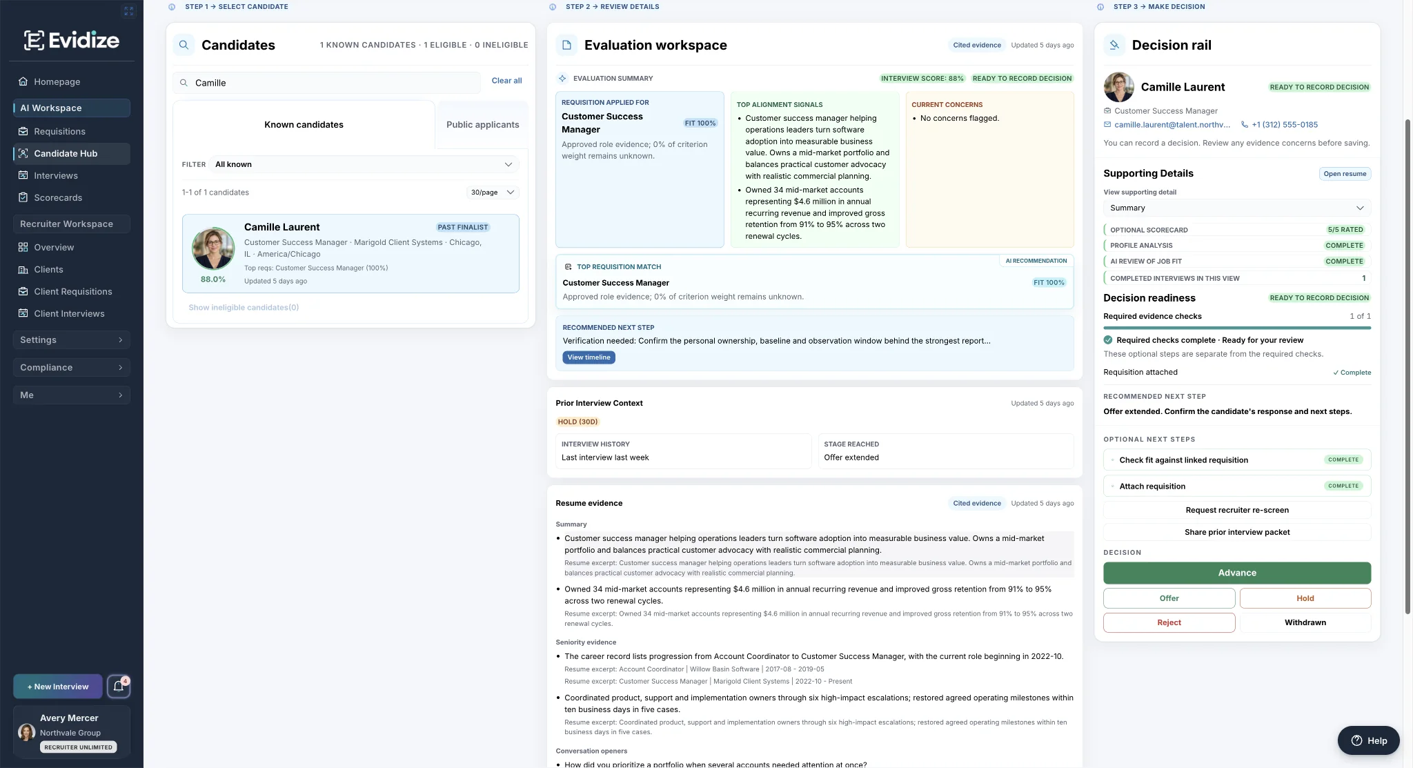 Camille Laurent’s Customer Success Manager evaluation with role alignment, prior interview context, five rated scorecard questions and a recommended verification step.