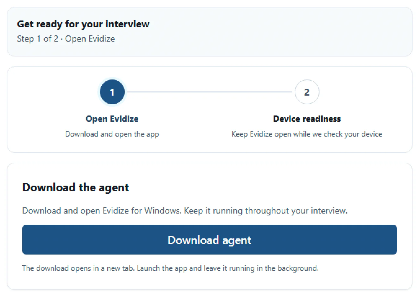 Windows candidate setup at Step 1 of 2 with Open Evidize and Device readiness steps and an enabled Download agent action