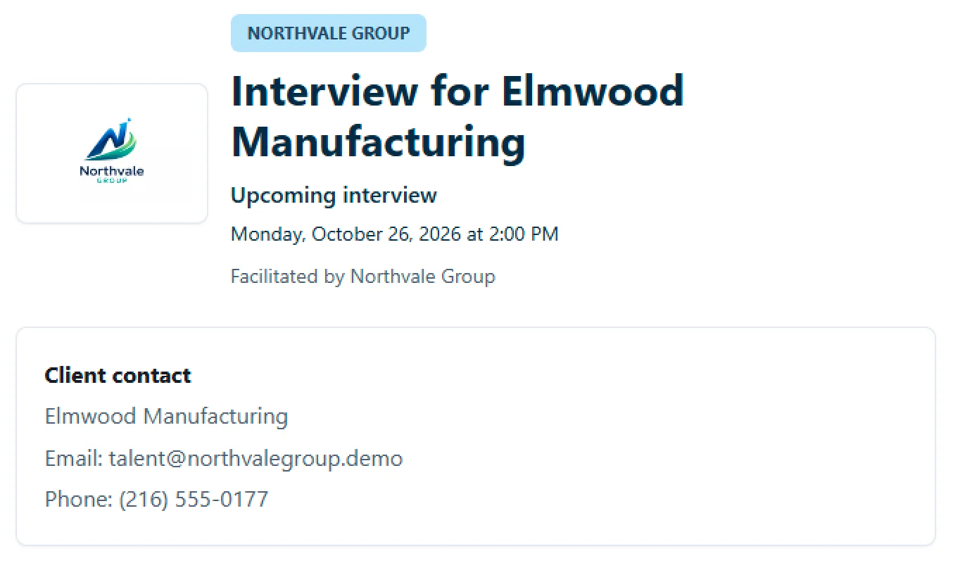 Northvale Group candidate welcome page for the upcoming Elmwood Manufacturing interview on October 26 at 2 PM with client contact details