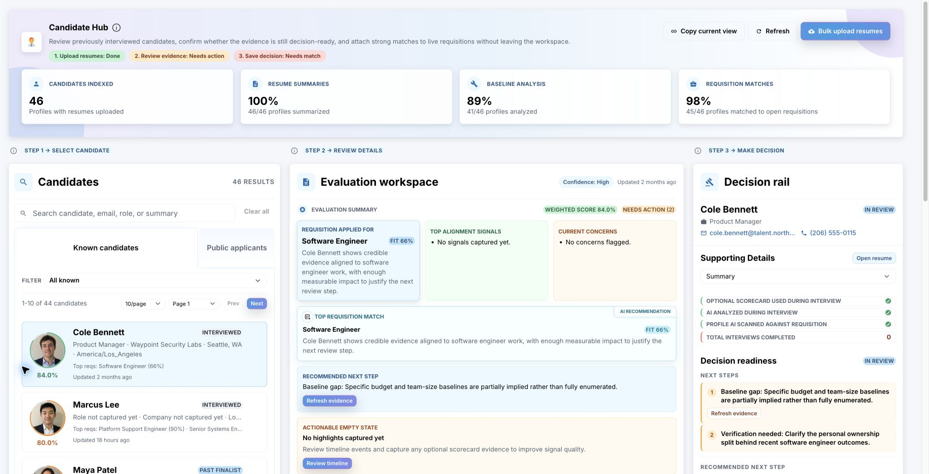 Evidize Candidate Hub showing résumé summaries, baseline analysis, requisition matches, candidate evaluation, and decision-readiness guidance.