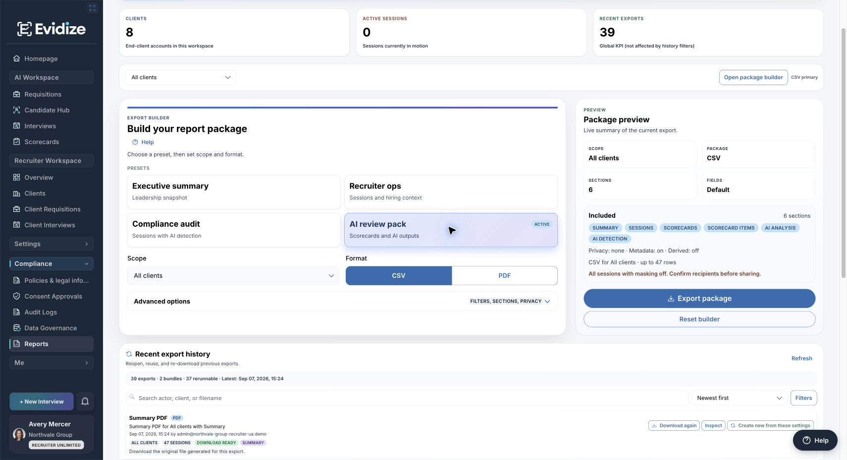 Report package preview showing the client scope, CSV format, included sections, privacy settings, and export action