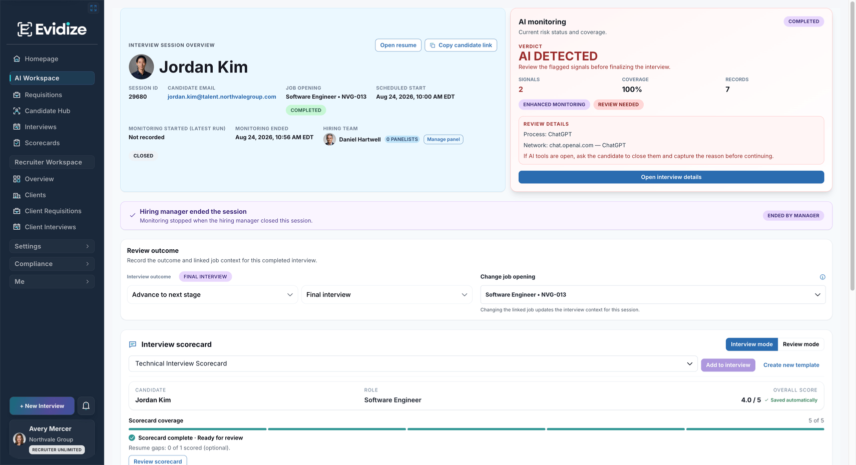 AI monitoring record with two flagged signals, monitoring coverage, and review details for a recorded process and connection