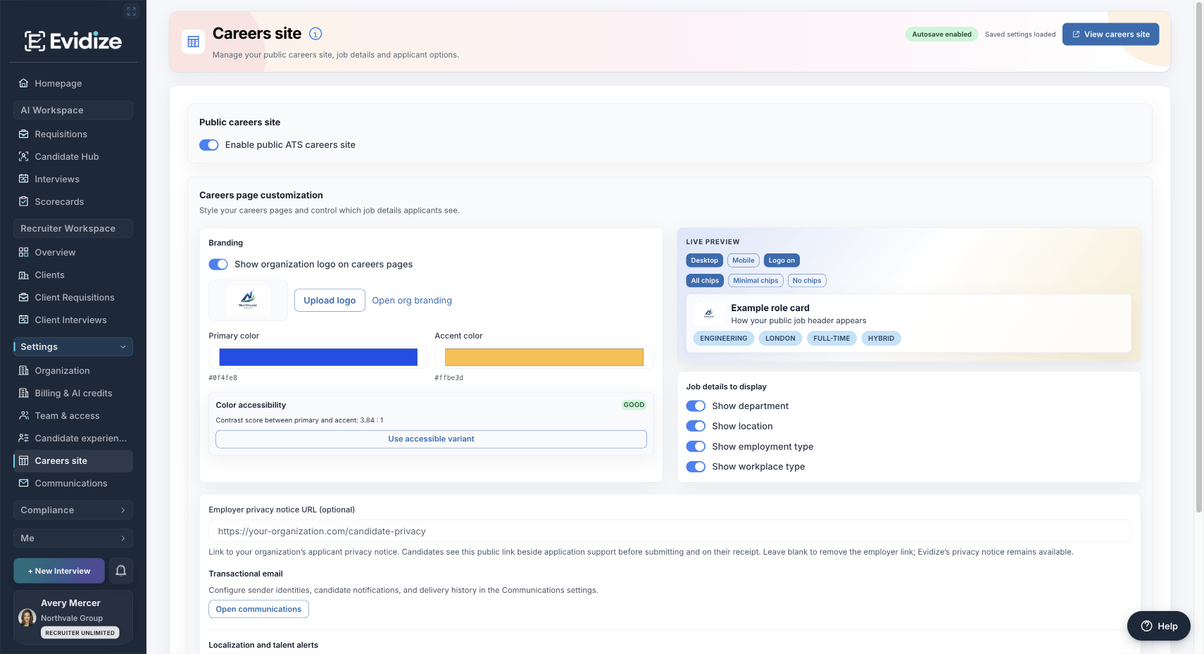 Careers settings showing organization branding, job-detail visibility controls, and a live role-card preview