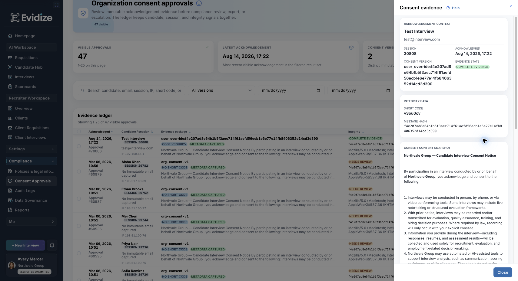 Consent evidence drawer showing acknowledgement time, session, notice version, evidence state, and a snapshot of the consent content