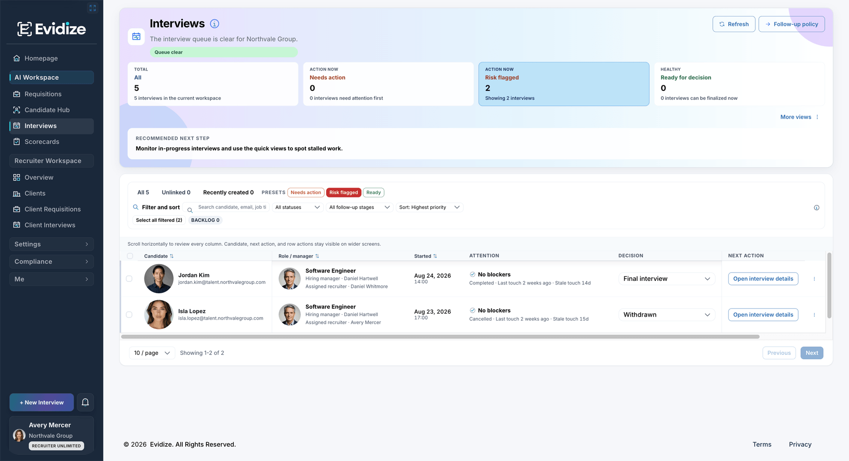 Northvale AI Workspace Interviews showing risk flags, interview status, assigned managers, and recorded decisions with the expanded side navigation visible