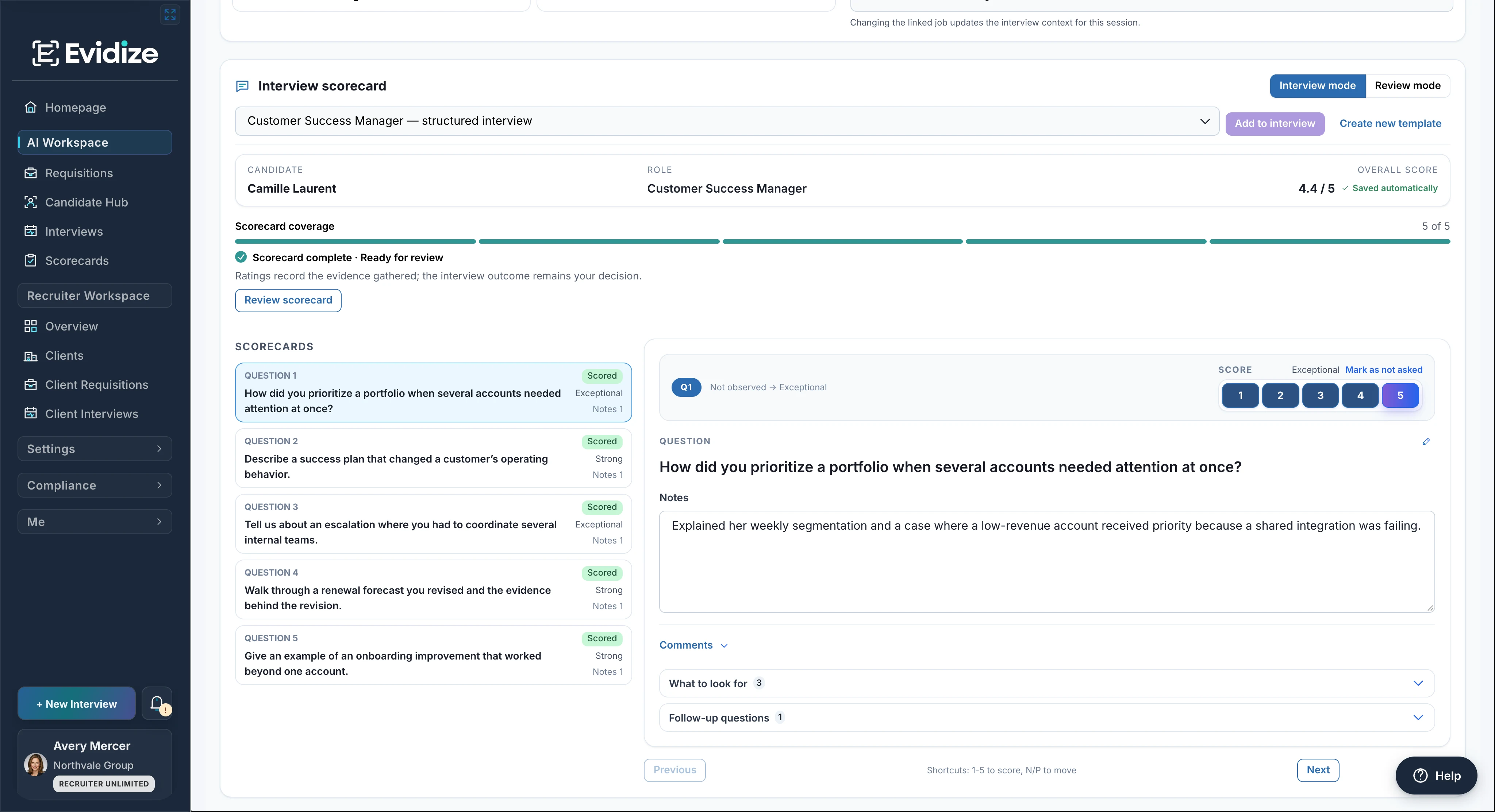 Camille Laurent’s completed Customer Success Manager scorecard with five recorded ratings, a 4.4 out of 5 summary and saved evidence notes for the portfolio-prioritization question.