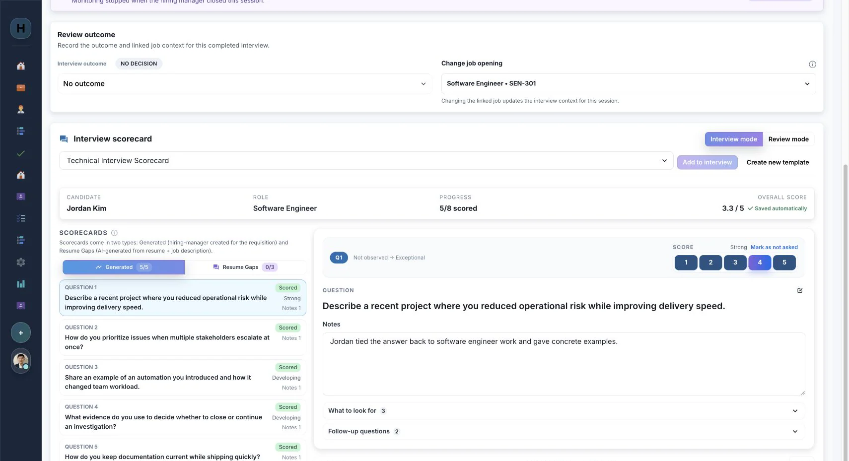 Interview detail scorecard moving through generated questions, evidence guidance, follow-up prompts, and AI-generated resume-gap prompts.