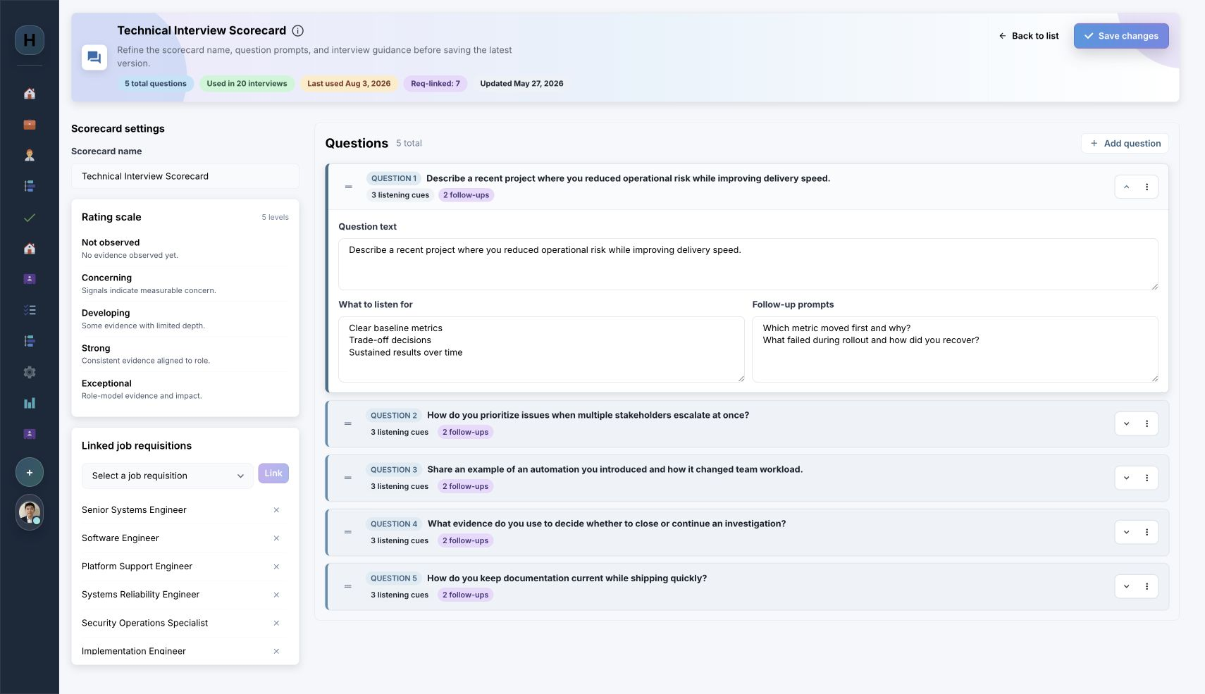Scorecard template showing five role-linked questions, a shared rating scale, listening cues, follow-up prompts, and linked requisitions