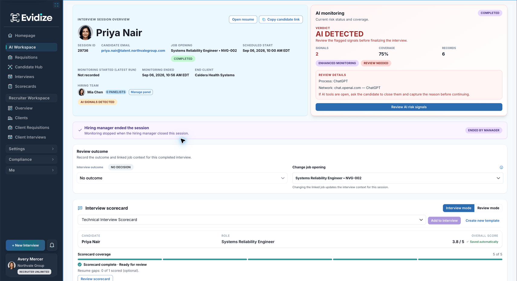 Live monitoring: Open the flagged signal. Select Review AI risk signals to inspect the finding and its recommended checks.