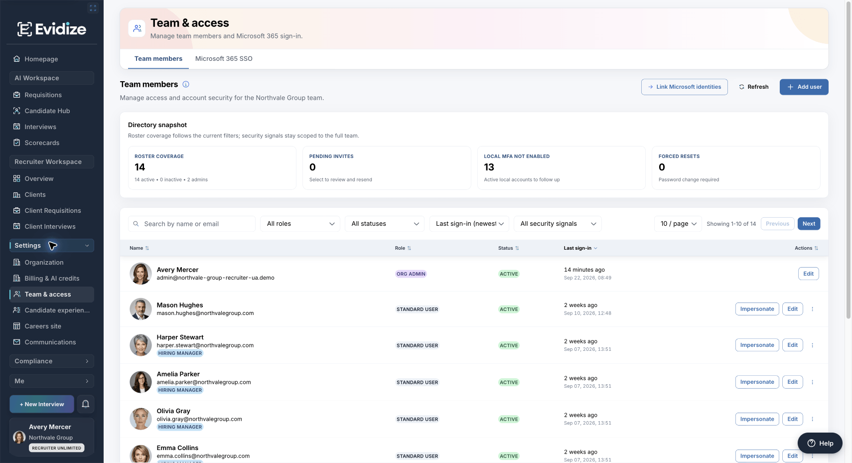 Team and access directory showing separate product role and account-status columns