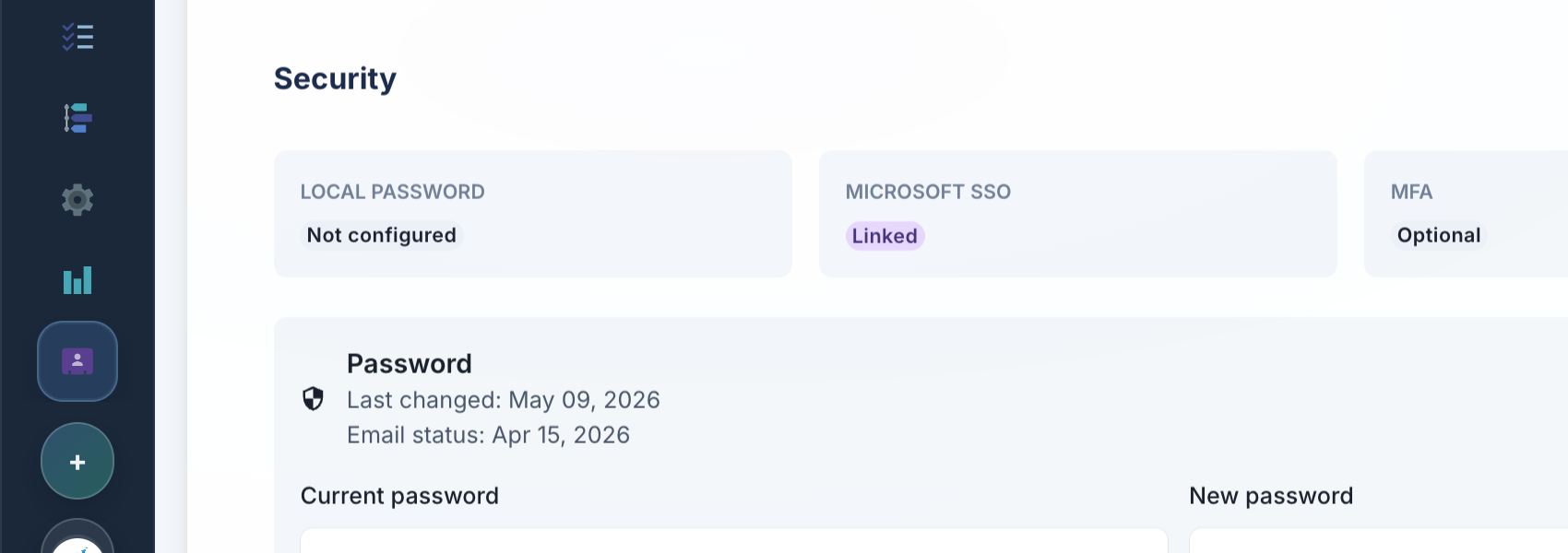 Security settings showing Microsoft SSO linked while the compact product navigation remains visible