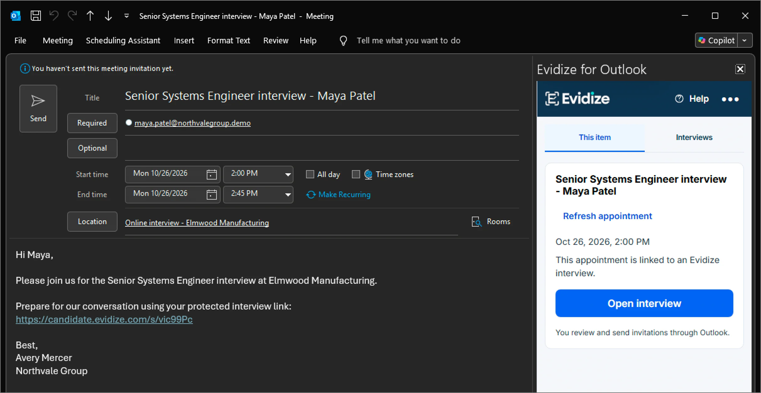 Unsent native Windows Outlook invitation for Maya Patel with a production candidate link and the Evidize This item pane recognizing the linked interview