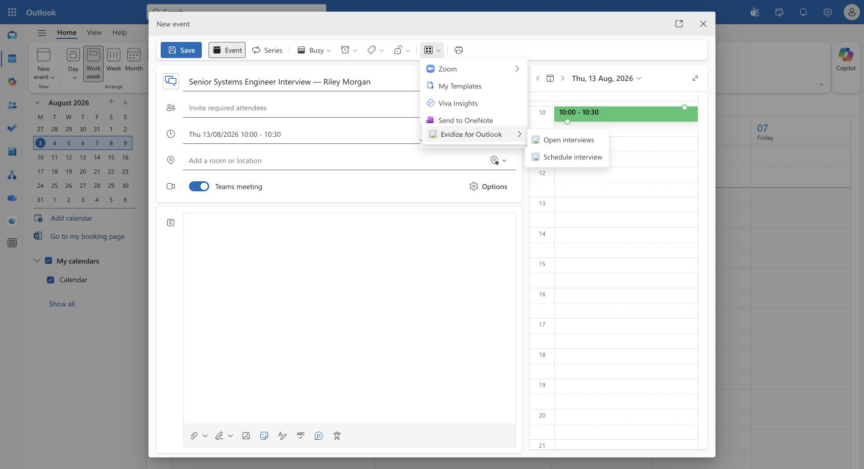 Microsoft Outlook appointment for Riley Morgan showing a future Senior Systems Engineer interview, Teams meeting enabled, and the Evidize for Outlook Schedule interview action