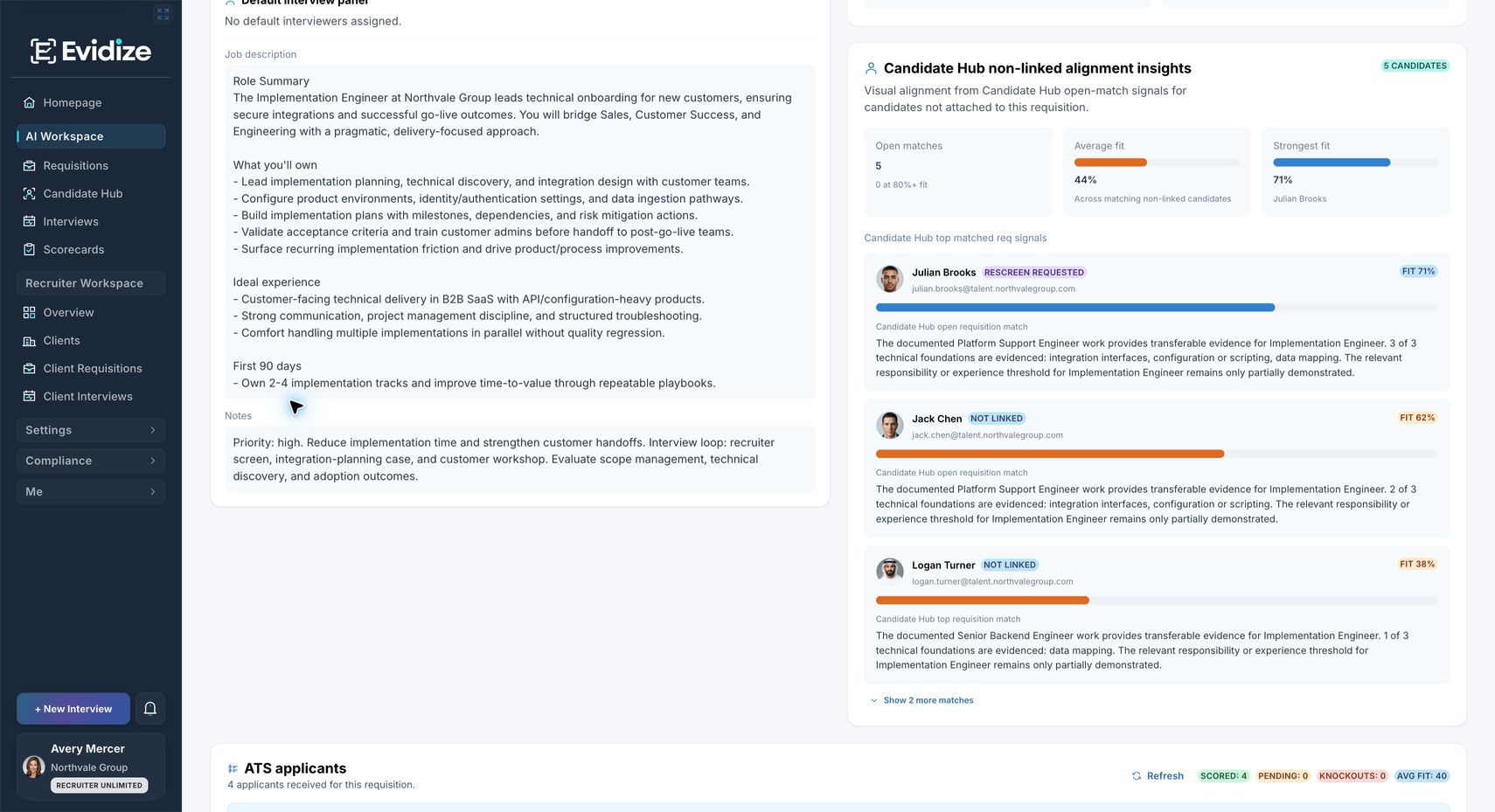 Fit ranking: Find relevant candidates already in Candidate Hub. Open-match signals surface people not yet linked to the requisition, with a fit score and the reasons behind it.