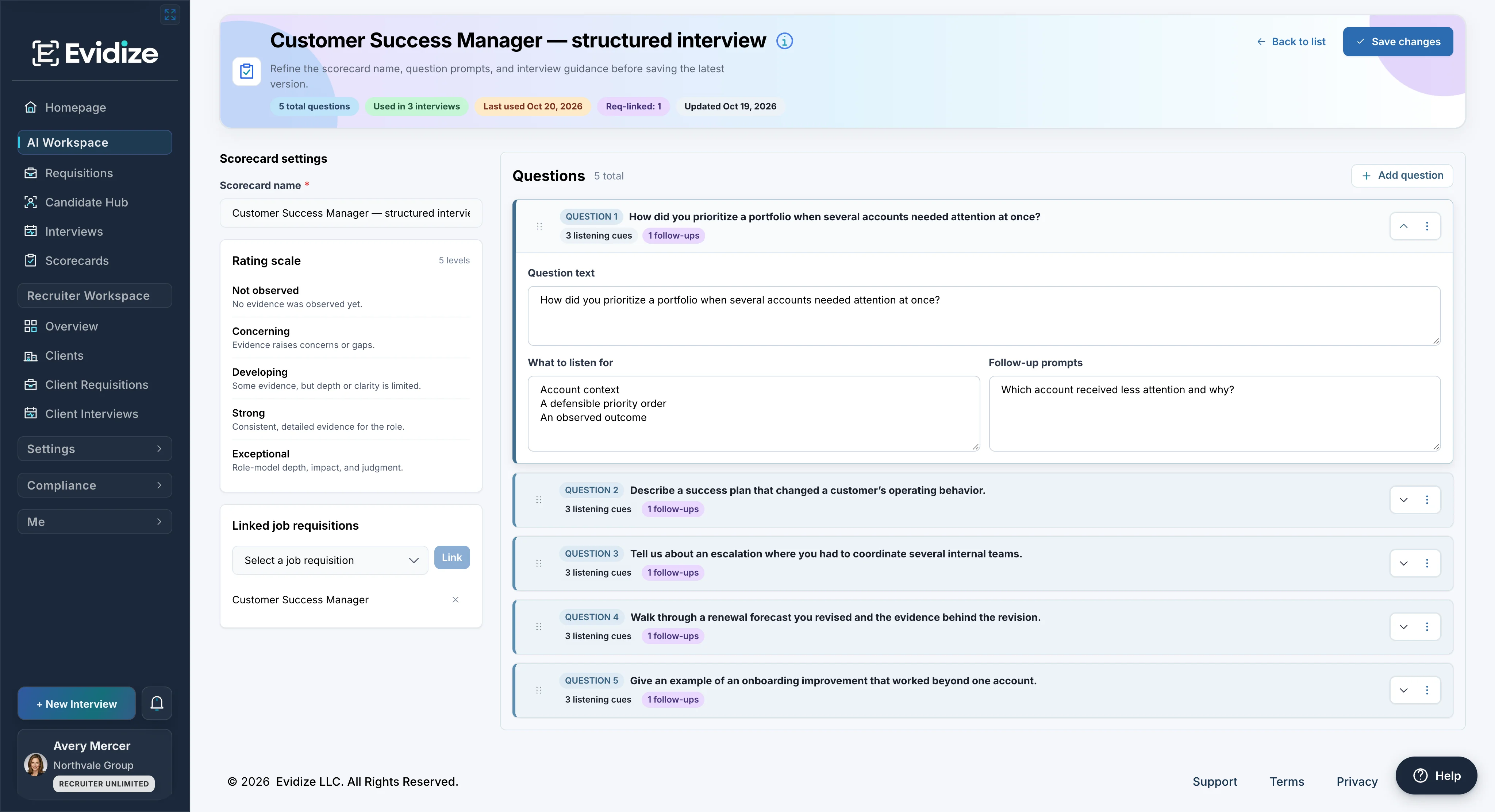 Customer Success Manager structured interview scorecard with five questions, listening cues, follow-up prompts and rating guidance.