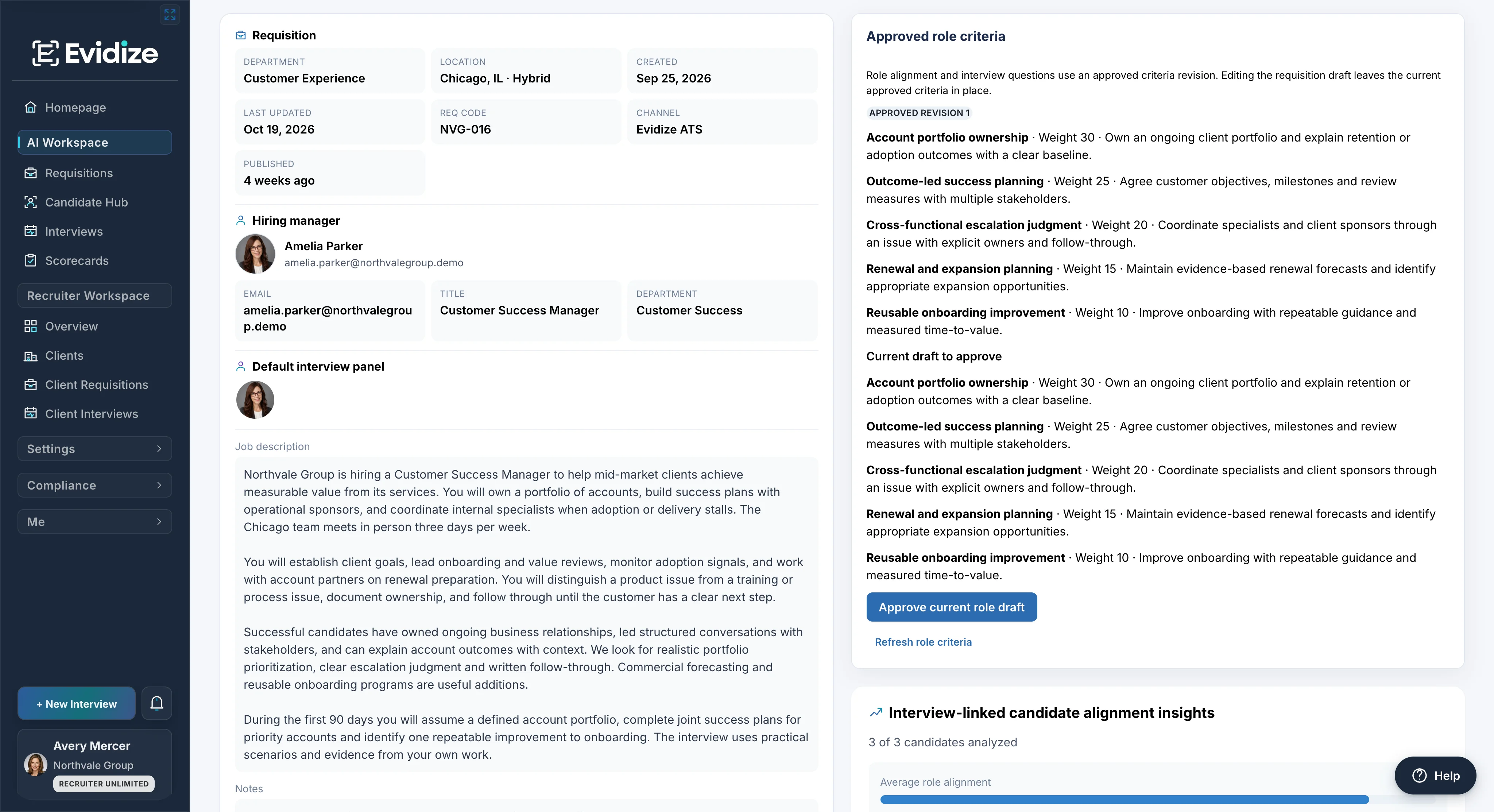 Customer Success Manager requisition NVG-016 with five approved weighted criteria for portfolio ownership, success planning, escalation, renewals and onboarding.