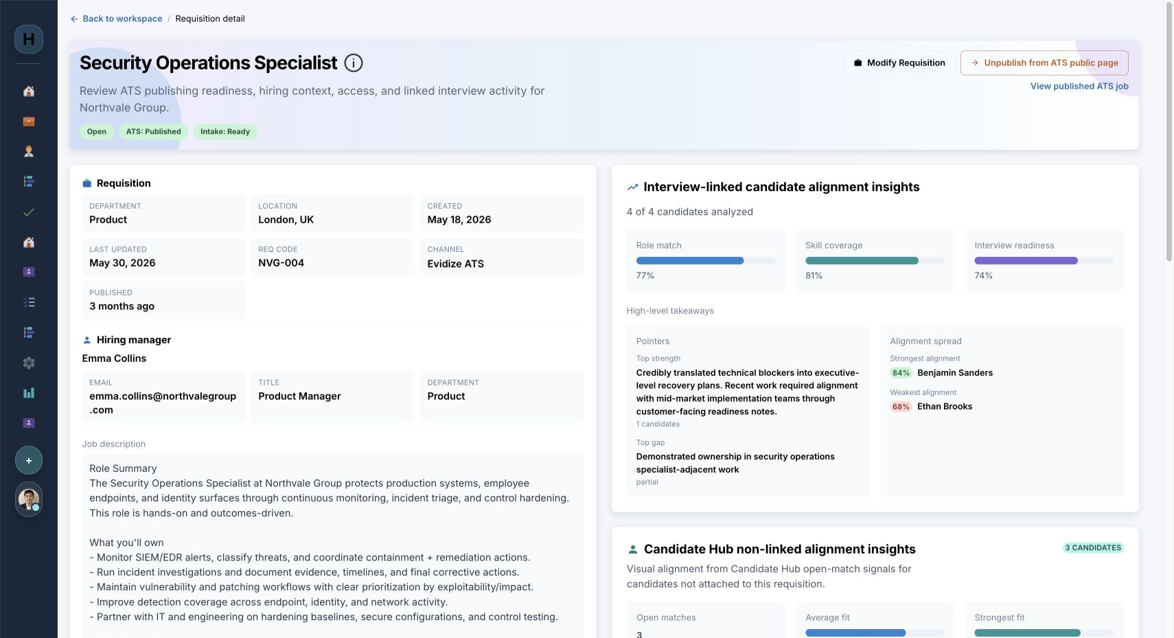 Role workspace showing the Security Operations Specialist brief, candidate coverage, strongest match, and biggest evidence gap