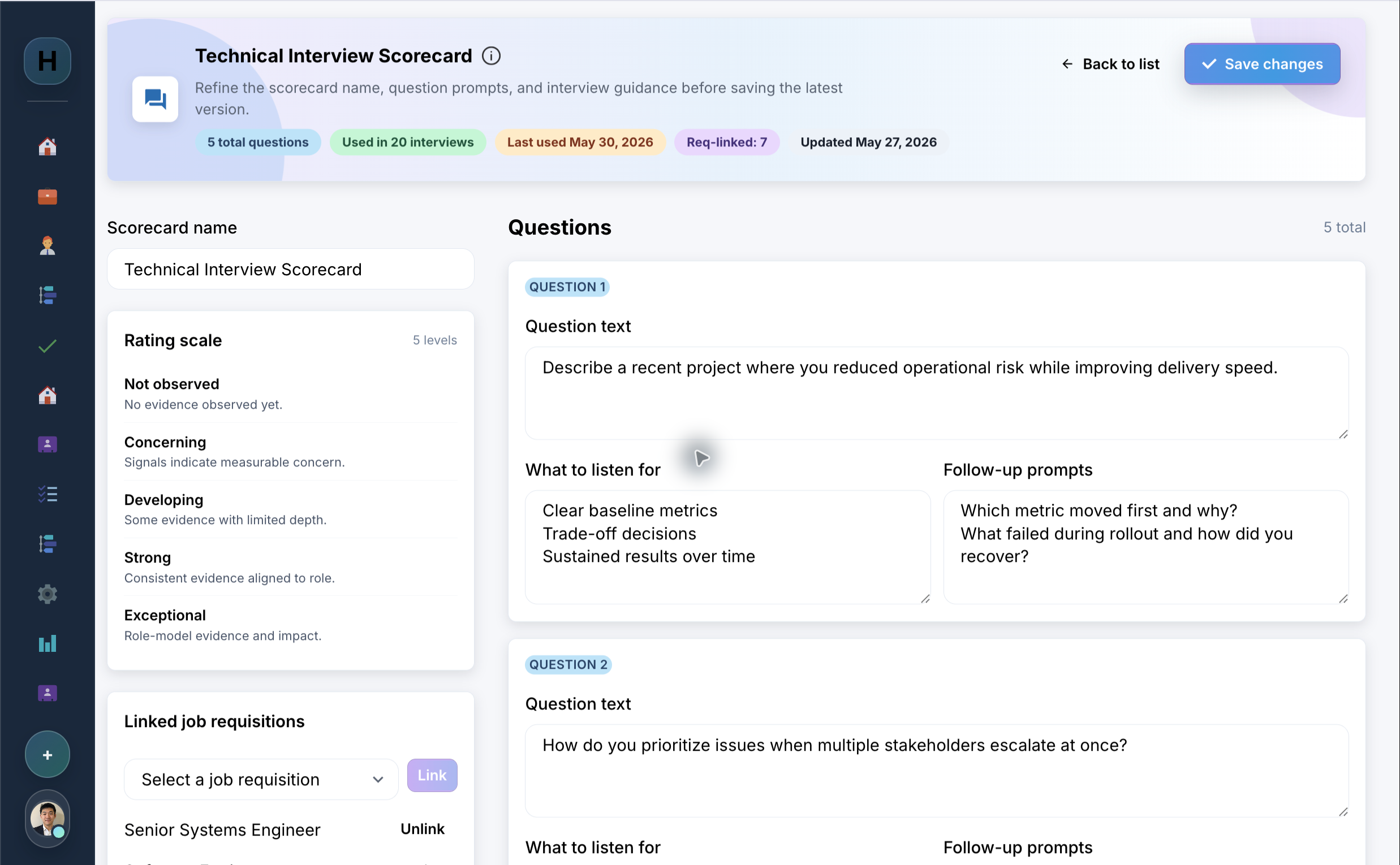 Technical interview scorecard showing rating levels, role-specific question prompts, evidence guidance, and follow-up prompts.
